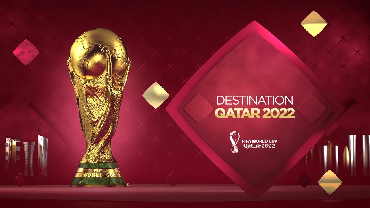 Poster faisant la promotion de la coupe du monde de football au Qatar, se déroulant en 2022.